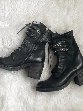 AS 98 Black Leather Heeled Ankle Biker Boots Size 41